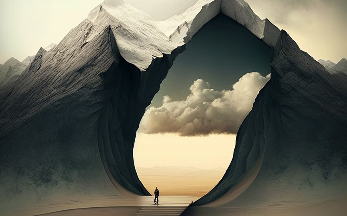 A lone figure stands before a massive mountain arch, revealing a surreal landscape with clouds and soft light beyond.